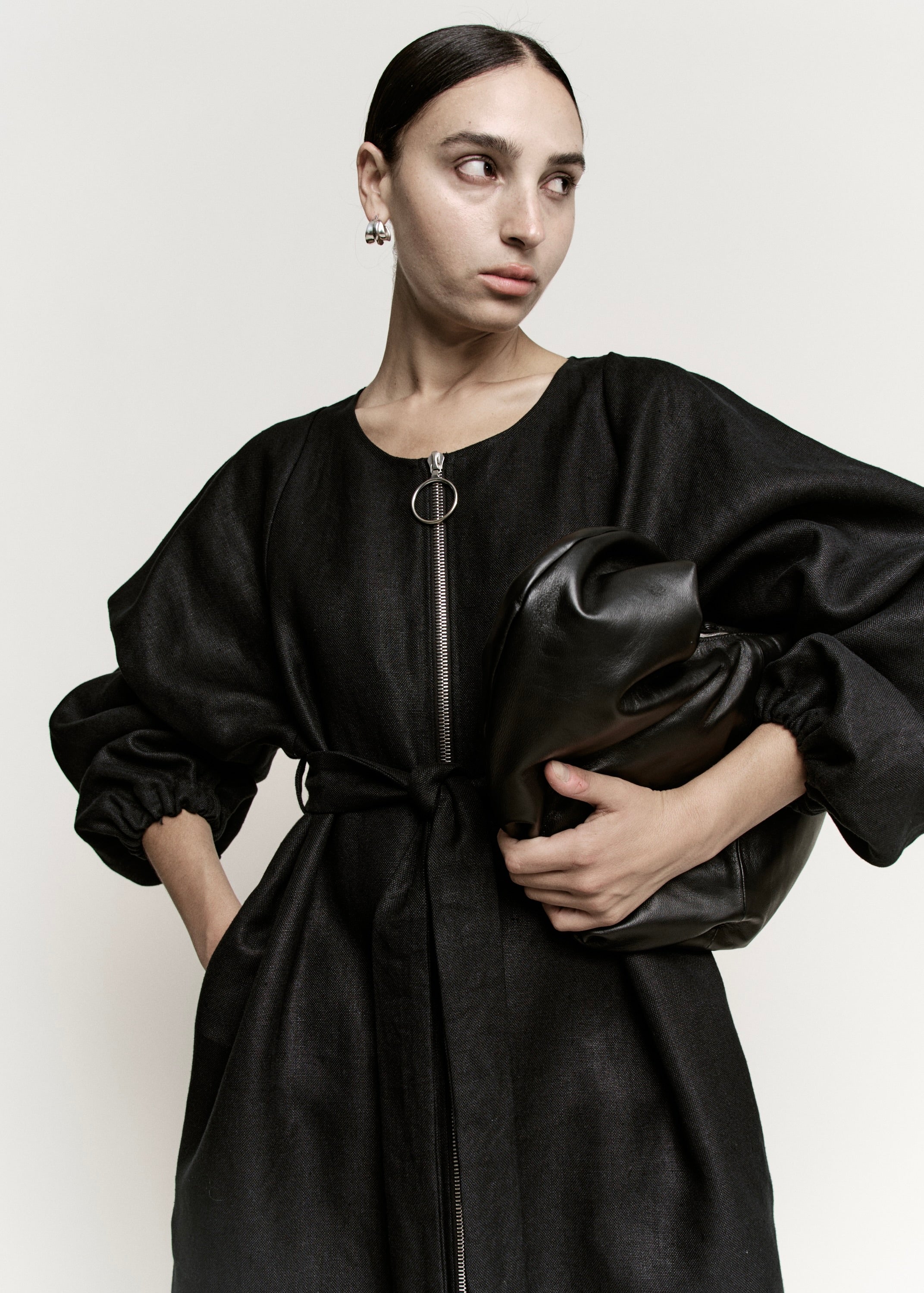 O-Ring Zip Front Coat | Black Heavy Structured Linen | Modern Weaving