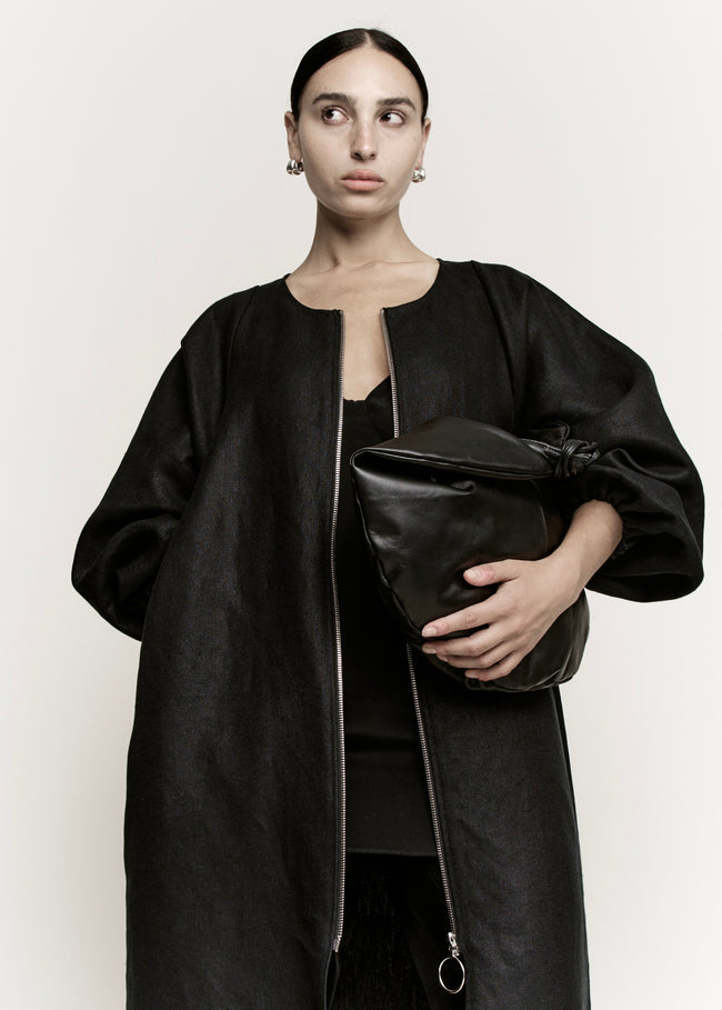 O-Ring Zip Front Coat | Black Heavy Structured Linen | Modern Weaving