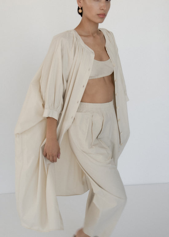 Button Front Kaftan | Khaki Parchment Poplin | Modern Weaving