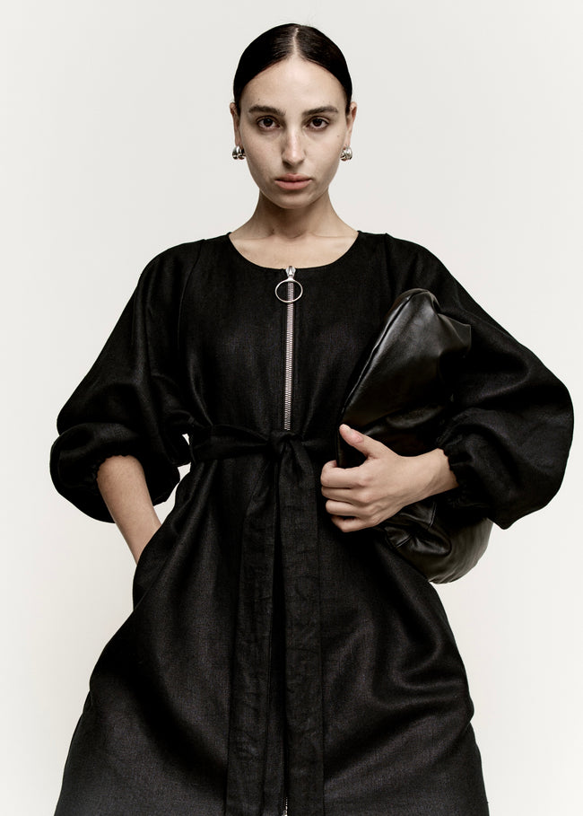 O-Ring Zip Front Coat | Black Heavy Structured Linen | Modern Weaving