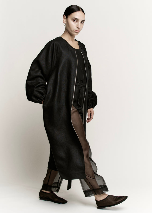 O-Ring Zip Front Coat | Black Heavy Structured Linen | Modern Weaving