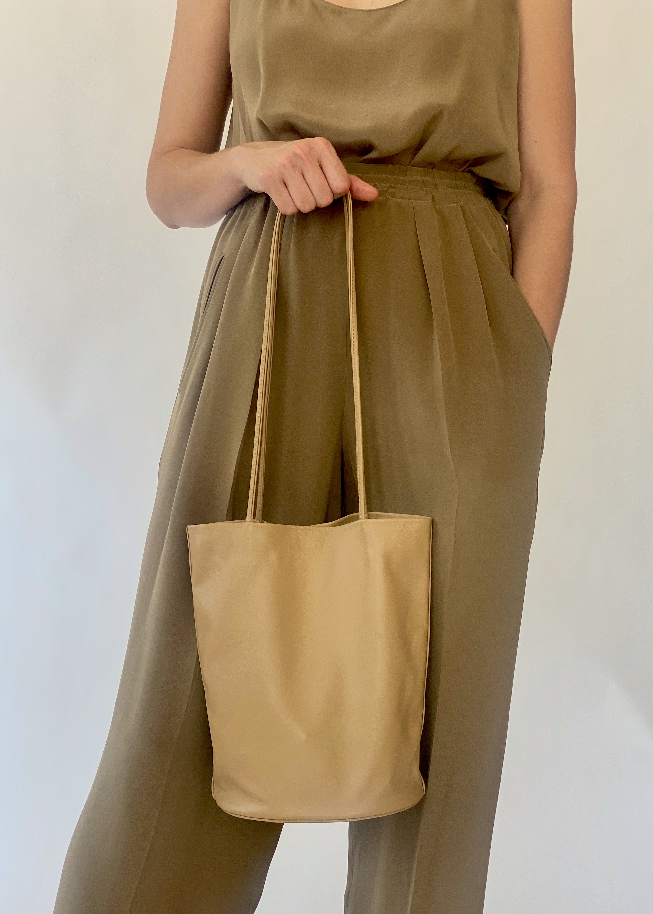 Modern Weaving Draped Oval Bucket Bag in Camel