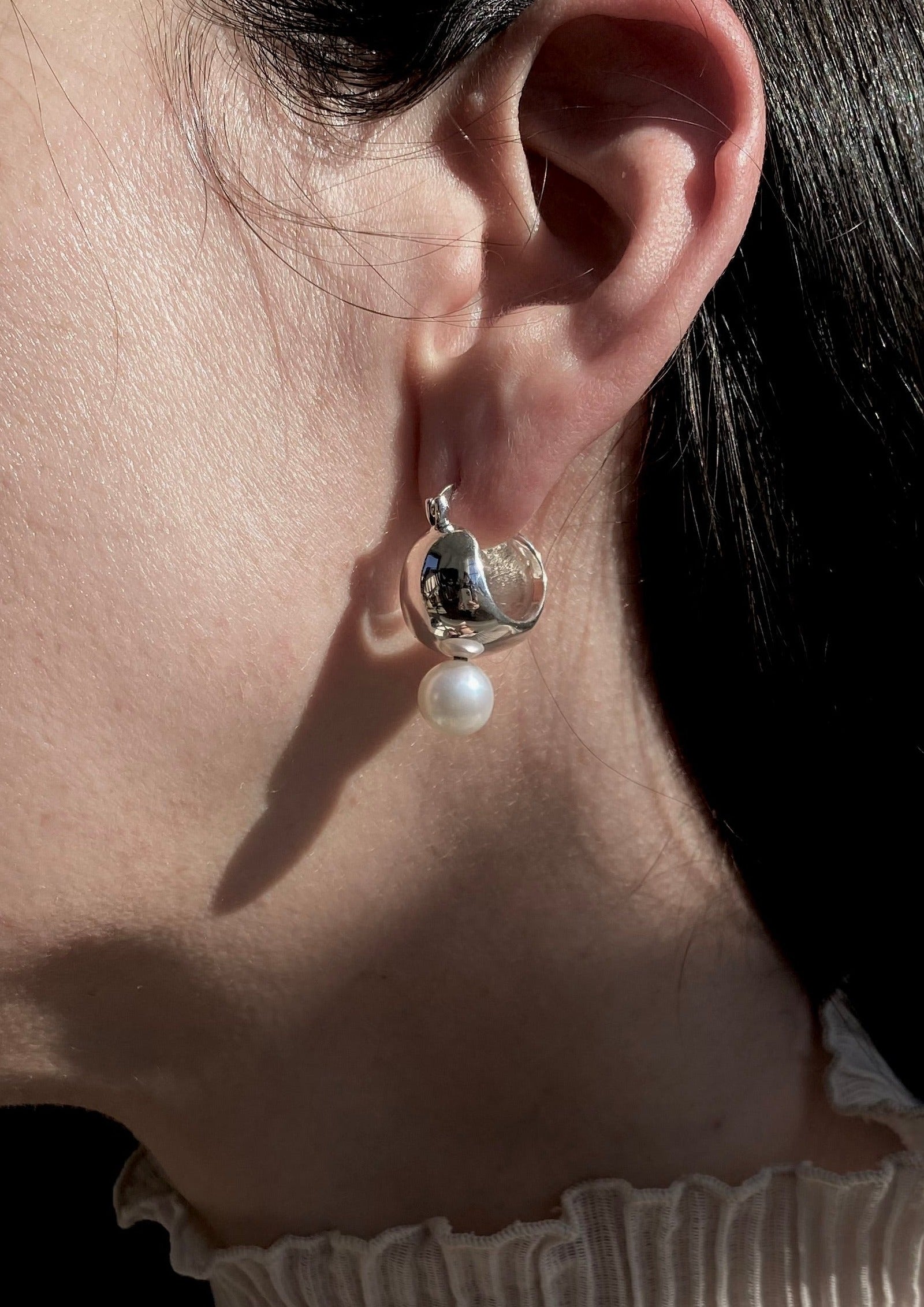 Modern Sterling Silver Pearl Drop Earrings